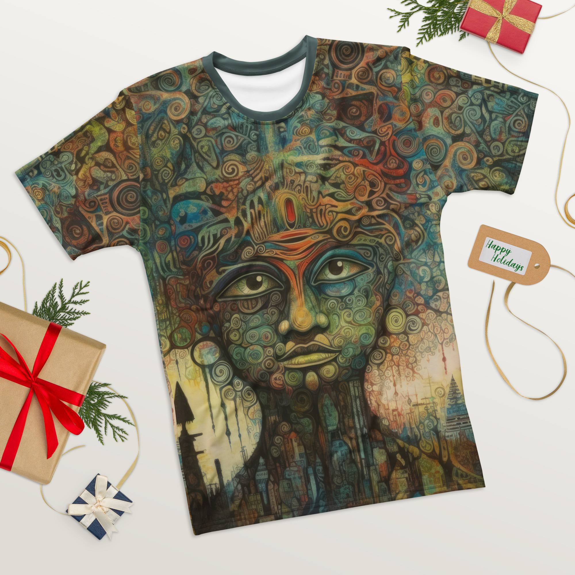 Swirls of teal, orange, and brown cover this sublimation graphic tee, depicting an abstract face with intricate details and a cityscape below.