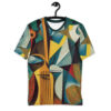 Yellow, teal, and red geometric shapes with abstract musical instrument motifs cover this graphic streetwear tee, resembling cubist artwork.