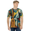 Teal, yellow, orange, brown, and cream geometric shapes form abstract musical instruments and a dynamic composition on this tee.