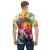 Vibrant reds, yellows, blues, and greens form an abstract, watercolor-like splash design on this tee shirt, depicting a dynamic burst of color.