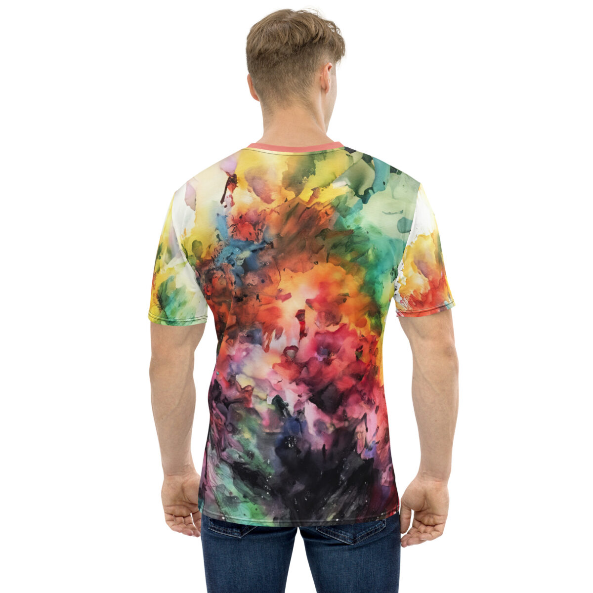 Vibrant reds, yellows, blues, and greens form an abstract, watercolor-like splash design on this tee shirt, depicting a dynamic burst of color.