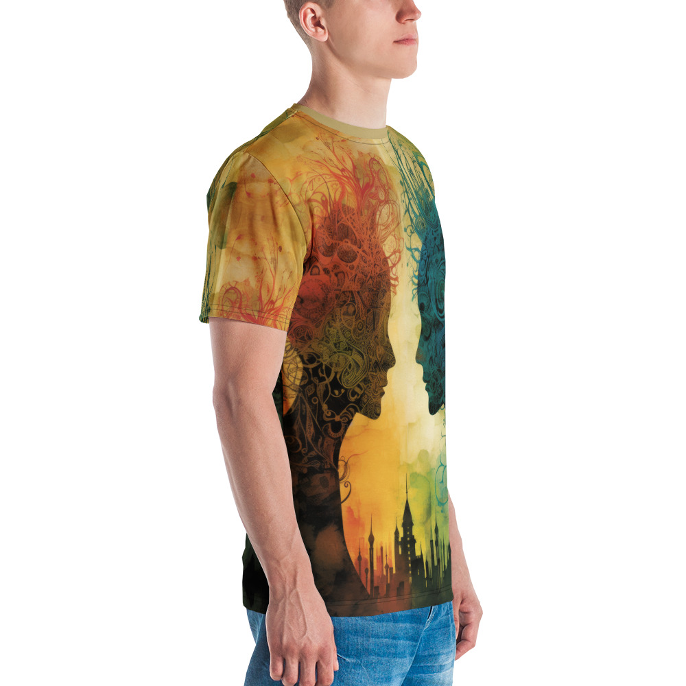Warm yellow, orange, and blue tones with intricate black, red, and green patterns cover this oversized full print tee, depicting silhouetted profiles facing each other over a cityscape.
