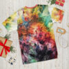 Vivid reds, oranges, yellows, greens, blues, and purples in a watercolor splash pattern cover this all over print apparel, depicting an abstract gorilla ape motif.