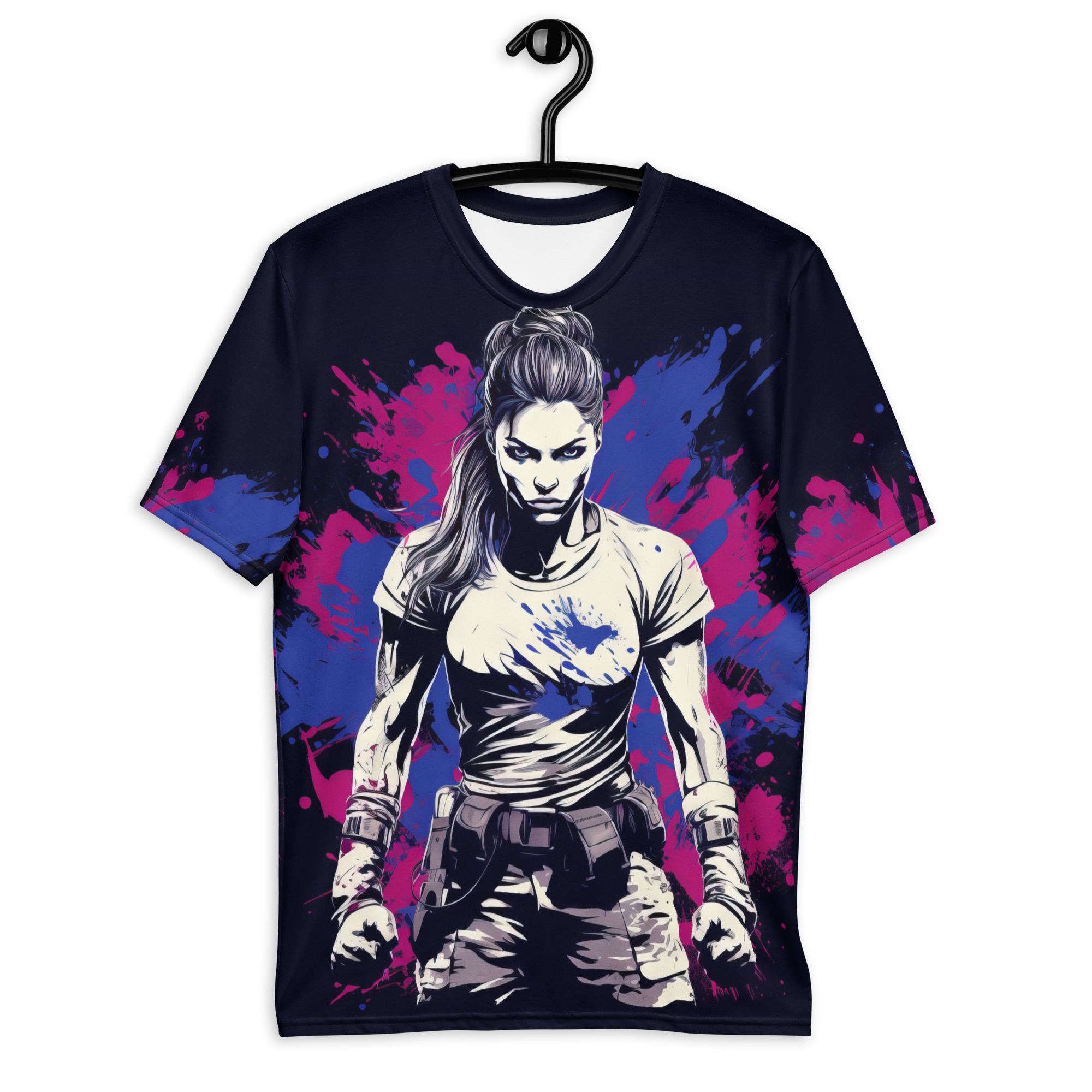 Pink and blue splatters cover this 3D graphic t-shirt, featuring a fierce woman in a fighting stance with her fists clenched.