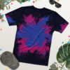 Vibrant blue and pink paint splatters burst across a dark navy t-shirt, with smaller speckles scattered throughout.