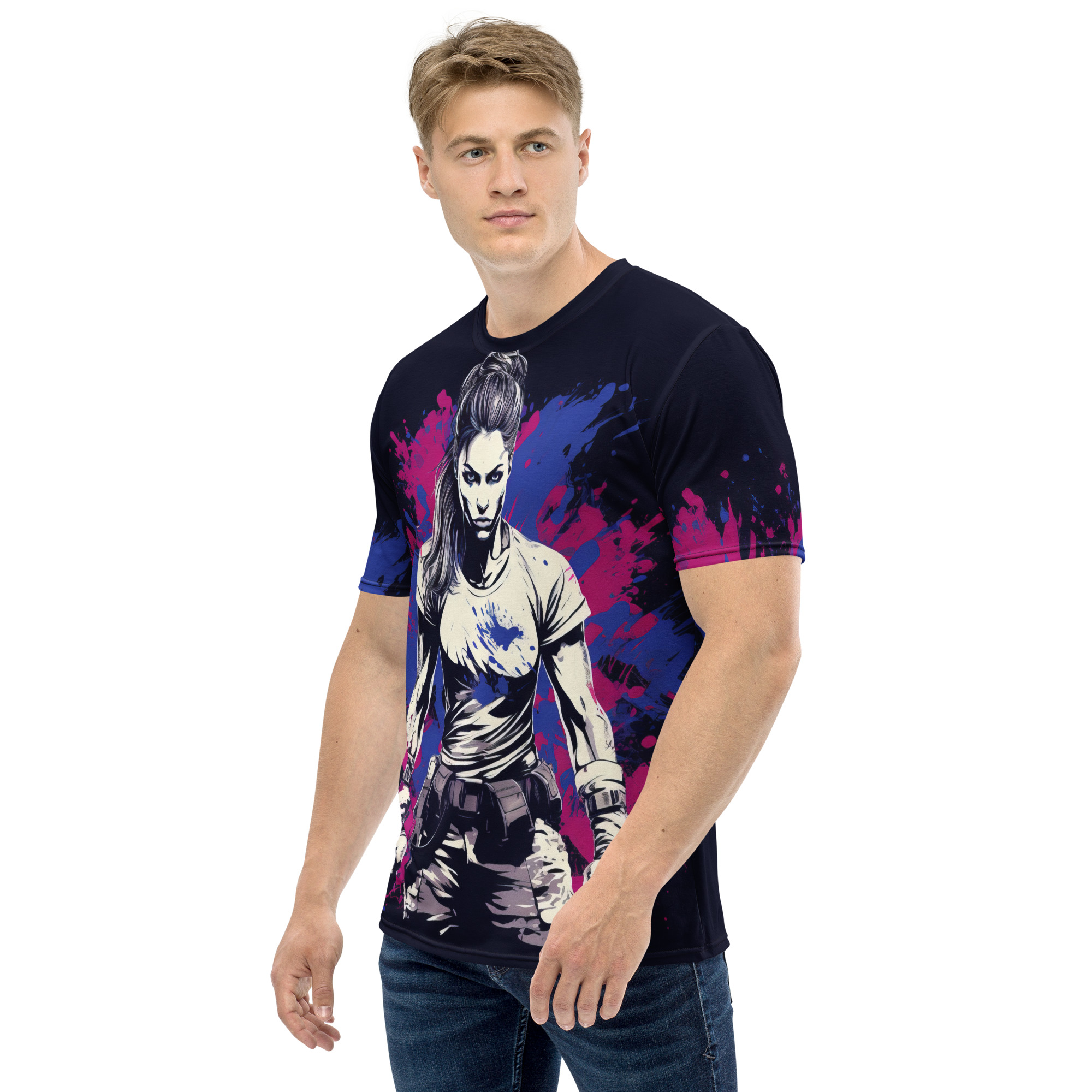 Splashes of pink and blue cover this sublimation graphic tee, depicting a determined woman with a high ponytail in a graphic novel style.
