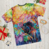 Vibrant watercolor splashes of yellow, green, pink, and blue cover this all over print apparel, depicting a powerful ape with dark tones.