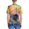 Vibrant watercolor splashes in yellow, orange, pink, and blue cover this apparel, depicting a dark gorilla ape in a dynamic pose with feathered accents.