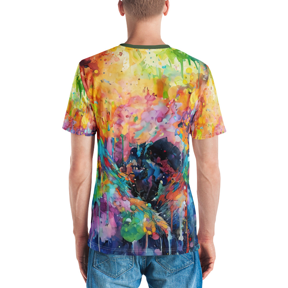Vibrant watercolor splashes in yellow, orange, pink, and blue cover this apparel, depicting a dark gorilla ape in a dynamic pose with feathered accents.