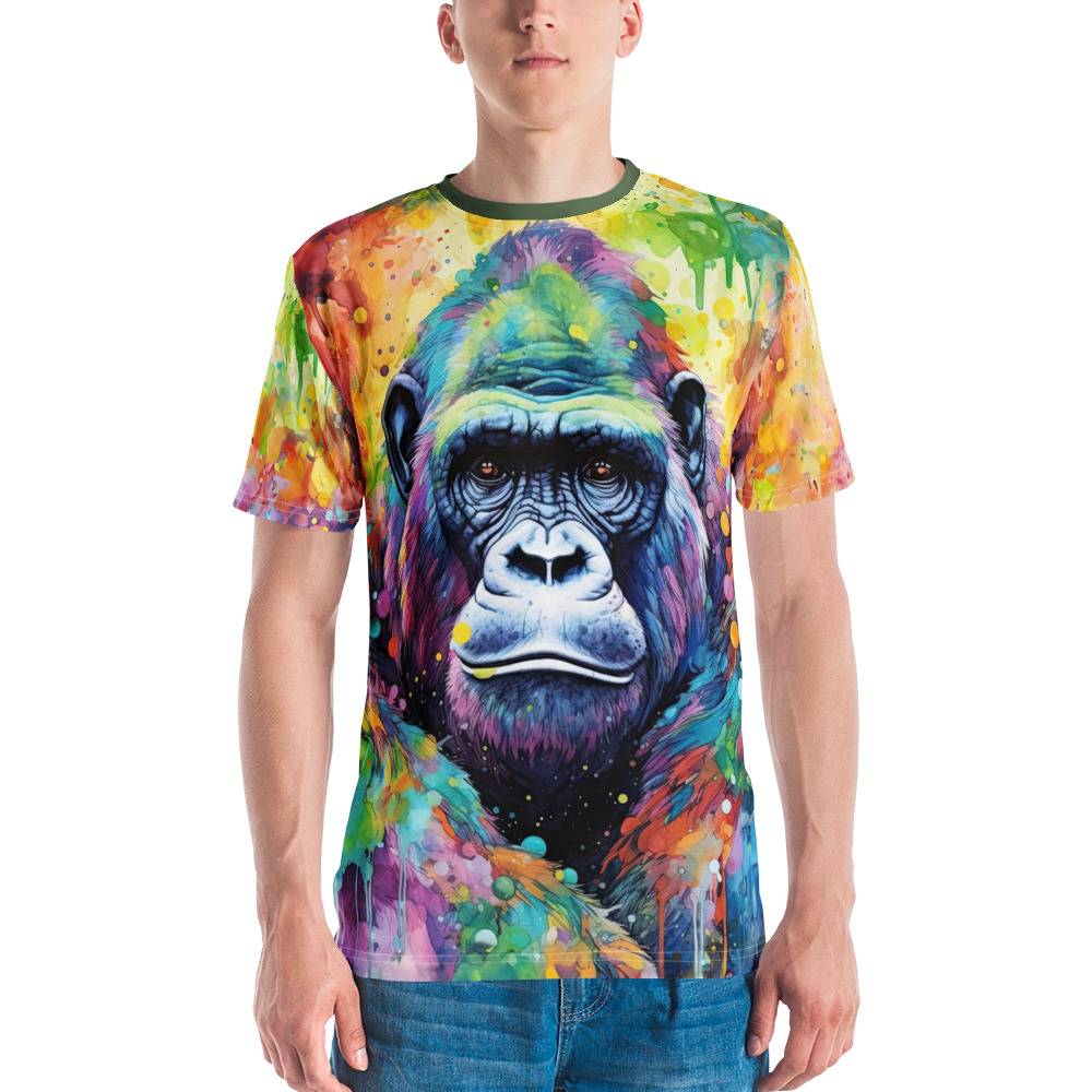 Vibrant watercolor splashes in yellow, orange, green, and blue cover this seamless pattern tee, depicting a detailed gorilla ape portrait.