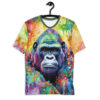 Vibrant blues, greens, yellows, and reds in a watercolor splash effect cover this patterned tee shirt, depicting a striking gorilla ape portrait with dripped paint textures.