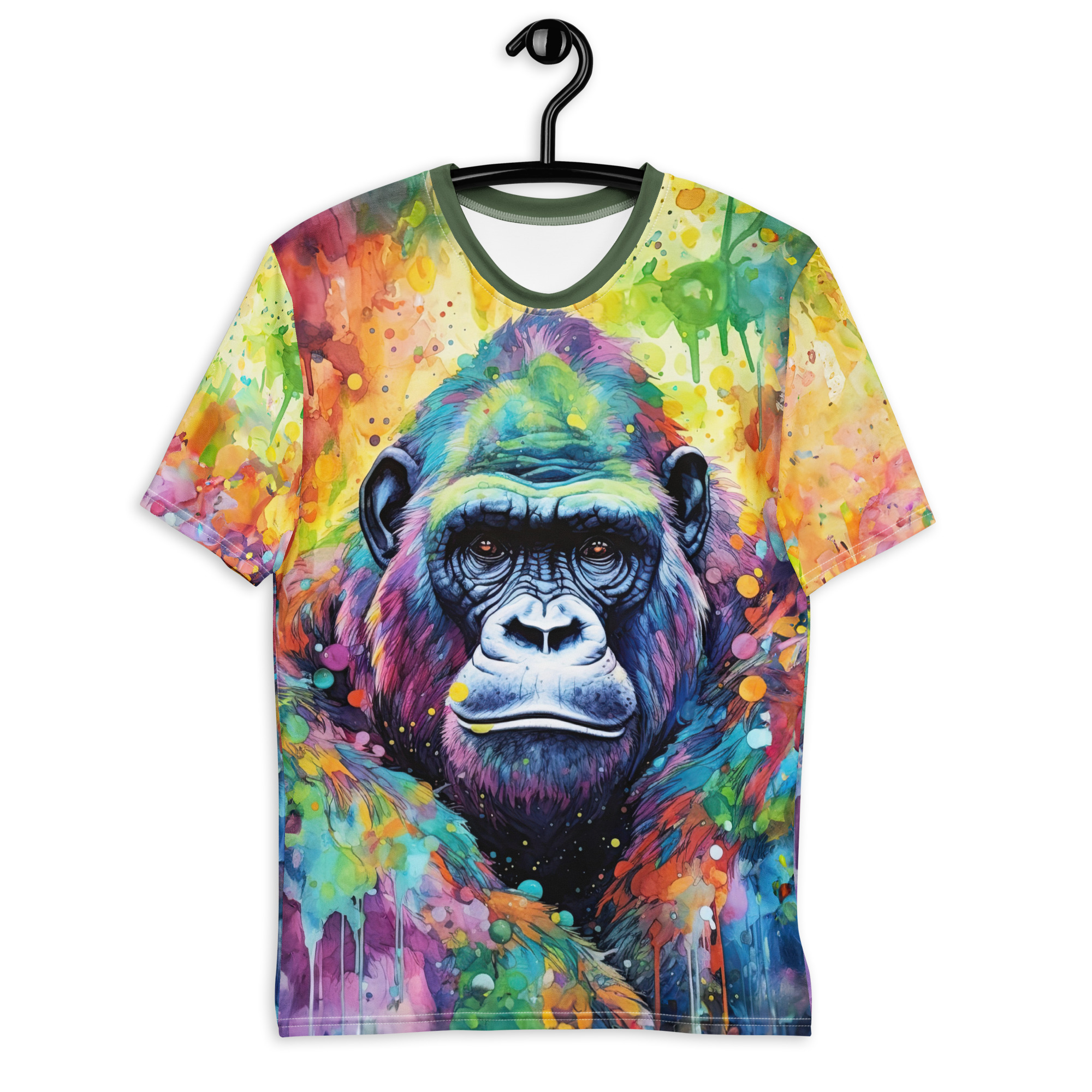 Vibrant blues, greens, yellows, and reds in a watercolor splash effect cover this patterned tee shirt, depicting a striking gorilla ape portrait with dripped paint textures.