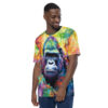 Vibrant watercolor splashes in yellow, green, and orange cover this 3D graphic t-shirt, featuring a colorful ape portrait.