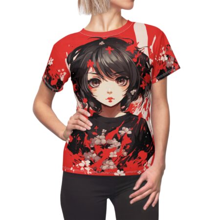 Vibrant red and black abstract splatters and floral motifs surround a large anime-style portrait on this seamless pattern tee.