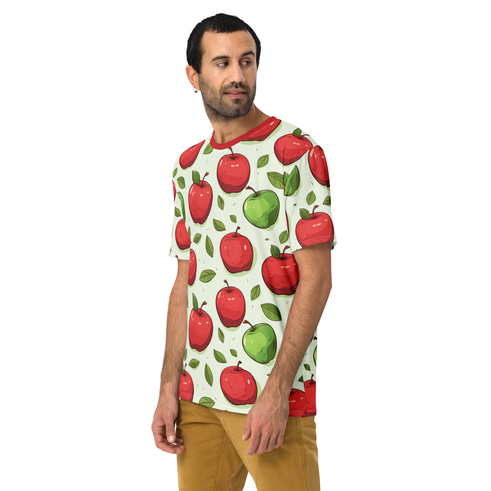 Red and green apples with leaves on a light green background cover this graphic streetwear tee.