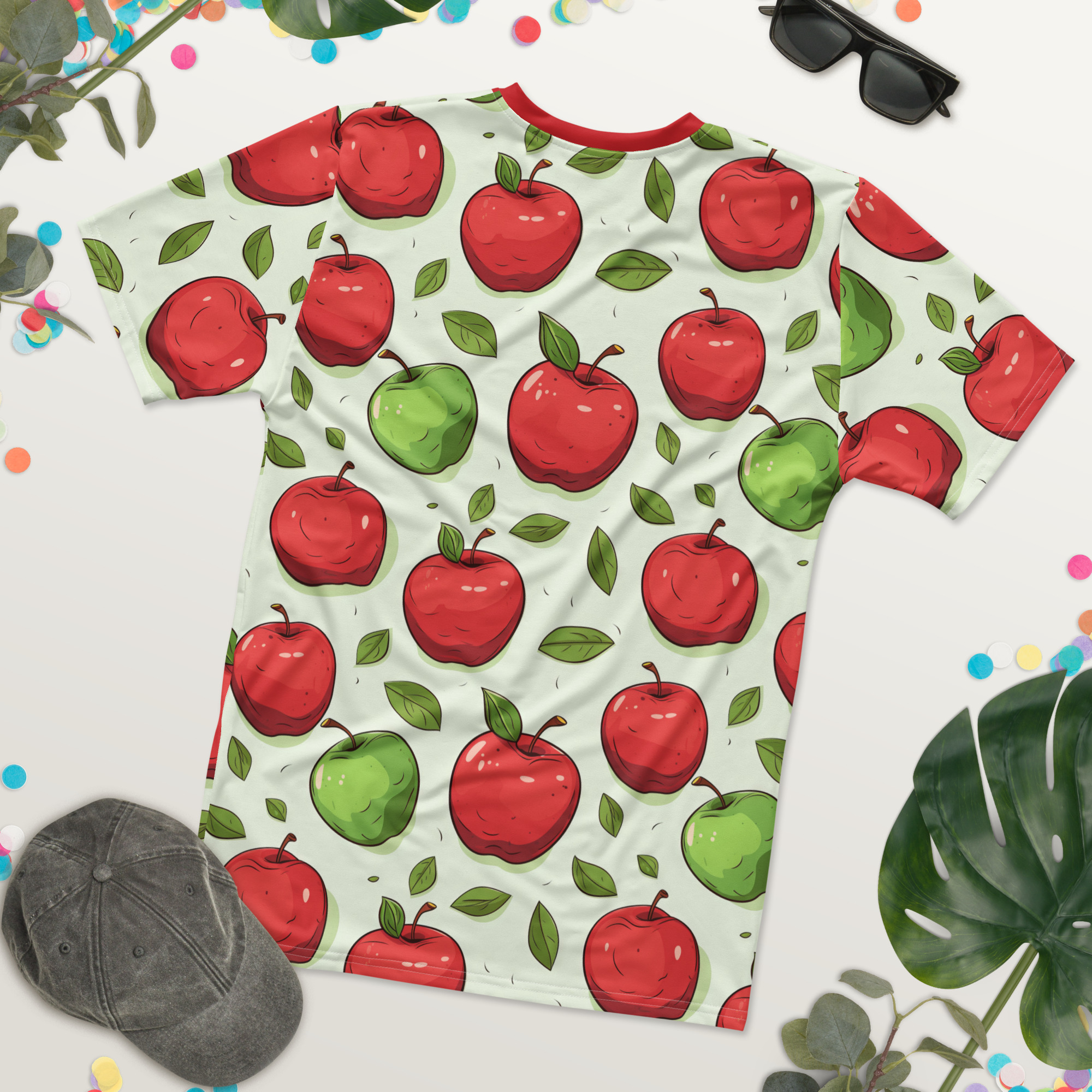 Red and green apples with leaves cover this all over print apparel, on a light green background with subtle curved lines.
