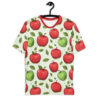 Red and green apples with leaves cover this graphic streetwear tee, set against a light mint background with subtle curved lines.