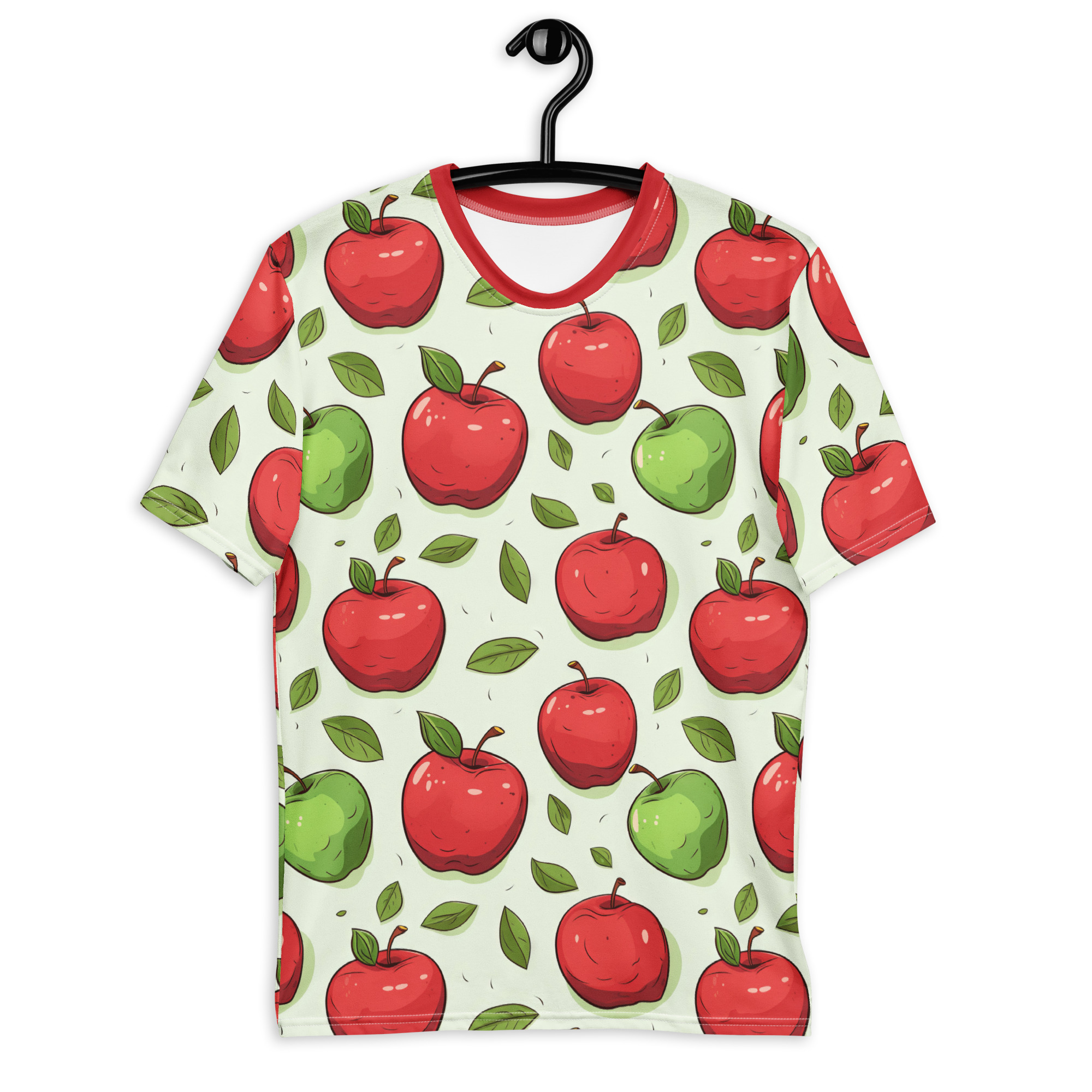 Red and green apples with leaves cover this graphic streetwear tee, set against a light mint background with subtle curved lines.