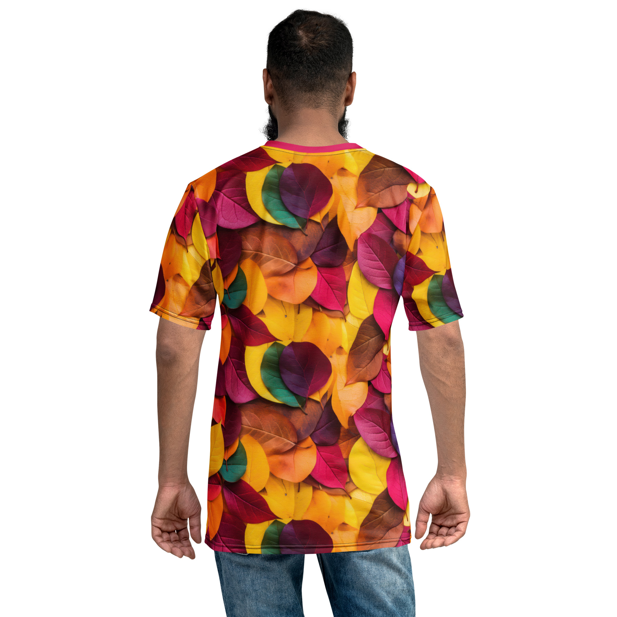 Vibrant reds, yellows, oranges, and deep purples in a dense arrangement of autumn leaves cover this sublimation graphic tee.