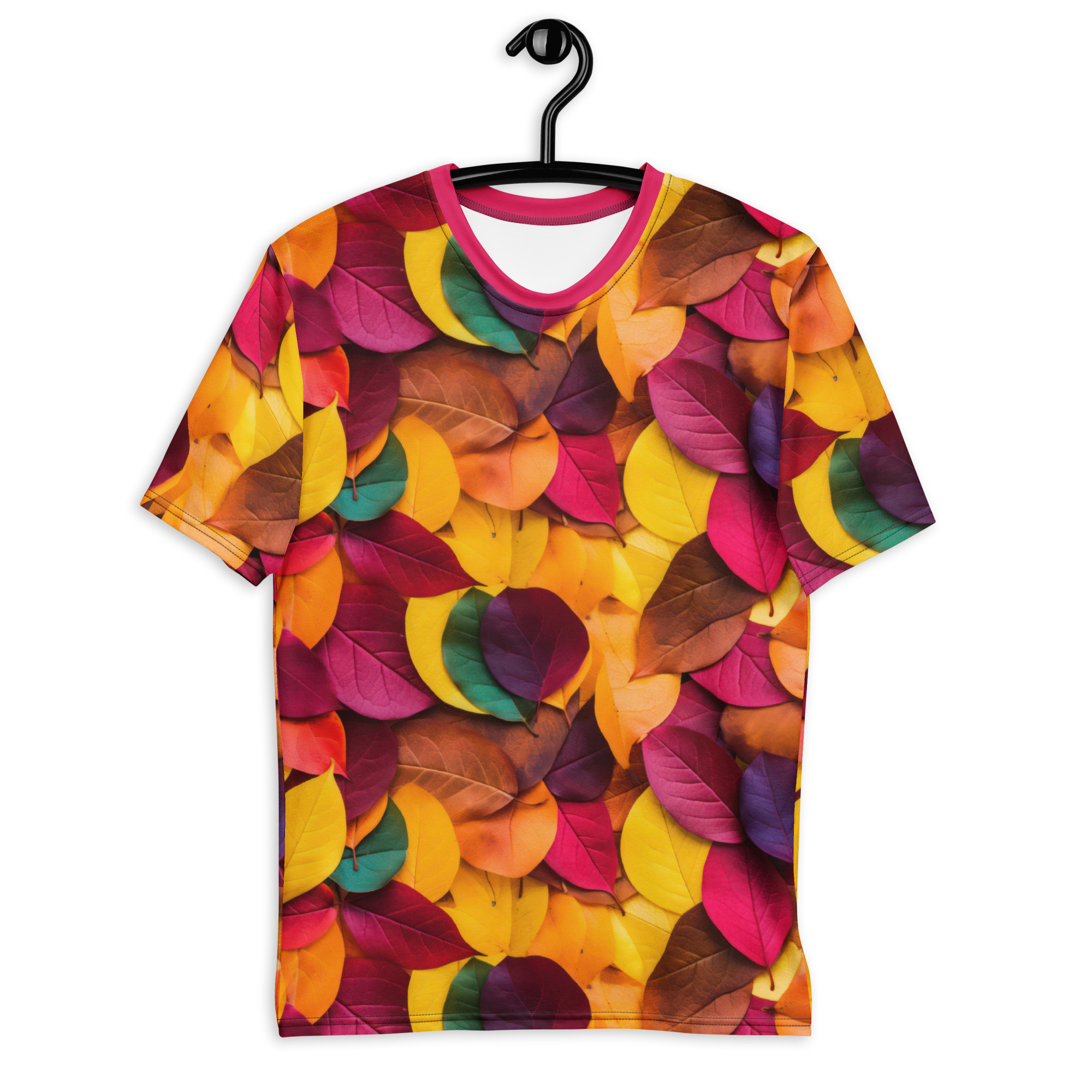 Vibrant reds, yellows, oranges, purples, and greens in a rich tapestry of fallen leaves cover this sublimation graphic tee, creating a dense, layered autumnal scene.