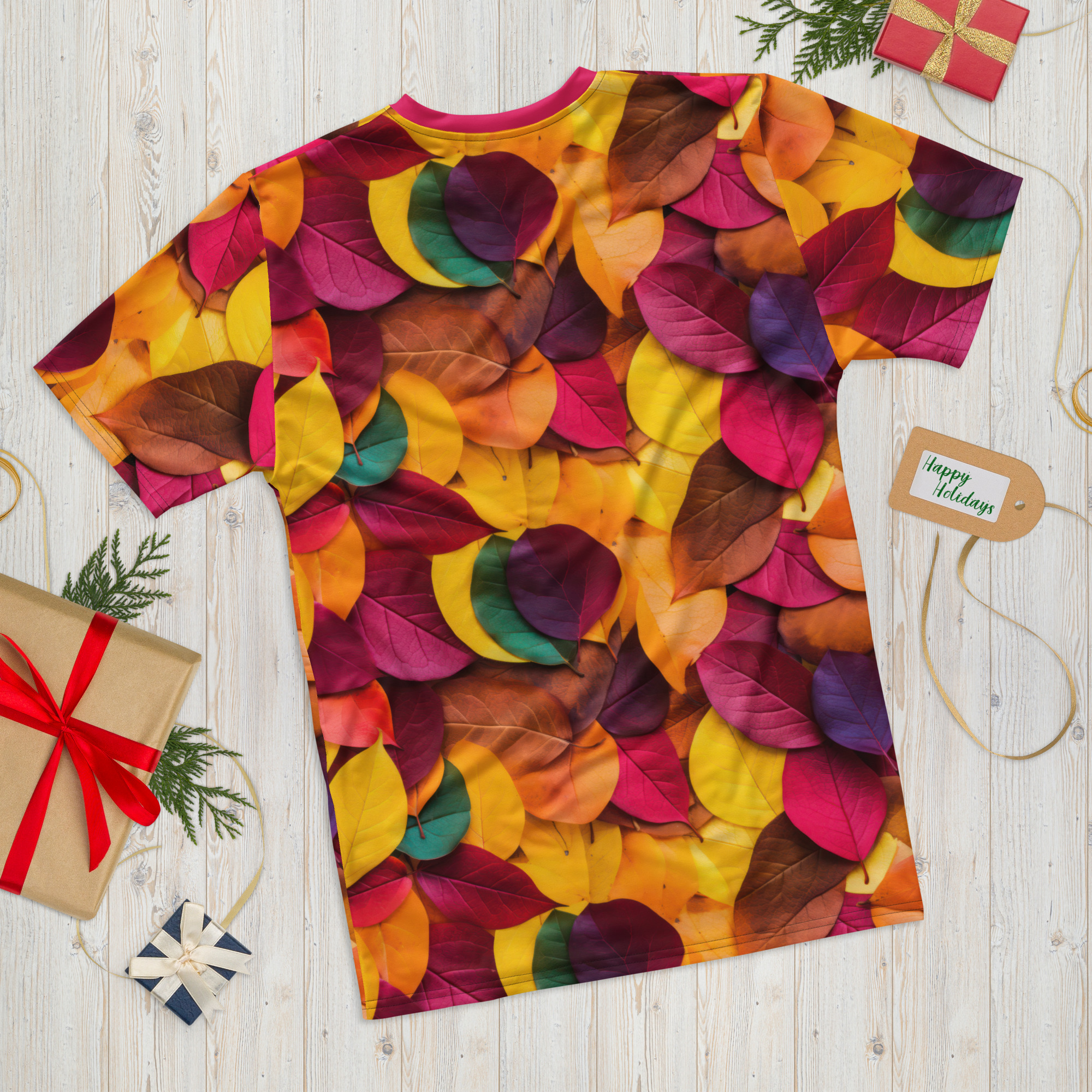 Vibrant yellow, deep red, rich purple, and earthy brown leaves cover this graphic streetwear tee, showcasing a dense, overlapping autumnal foliage pattern.