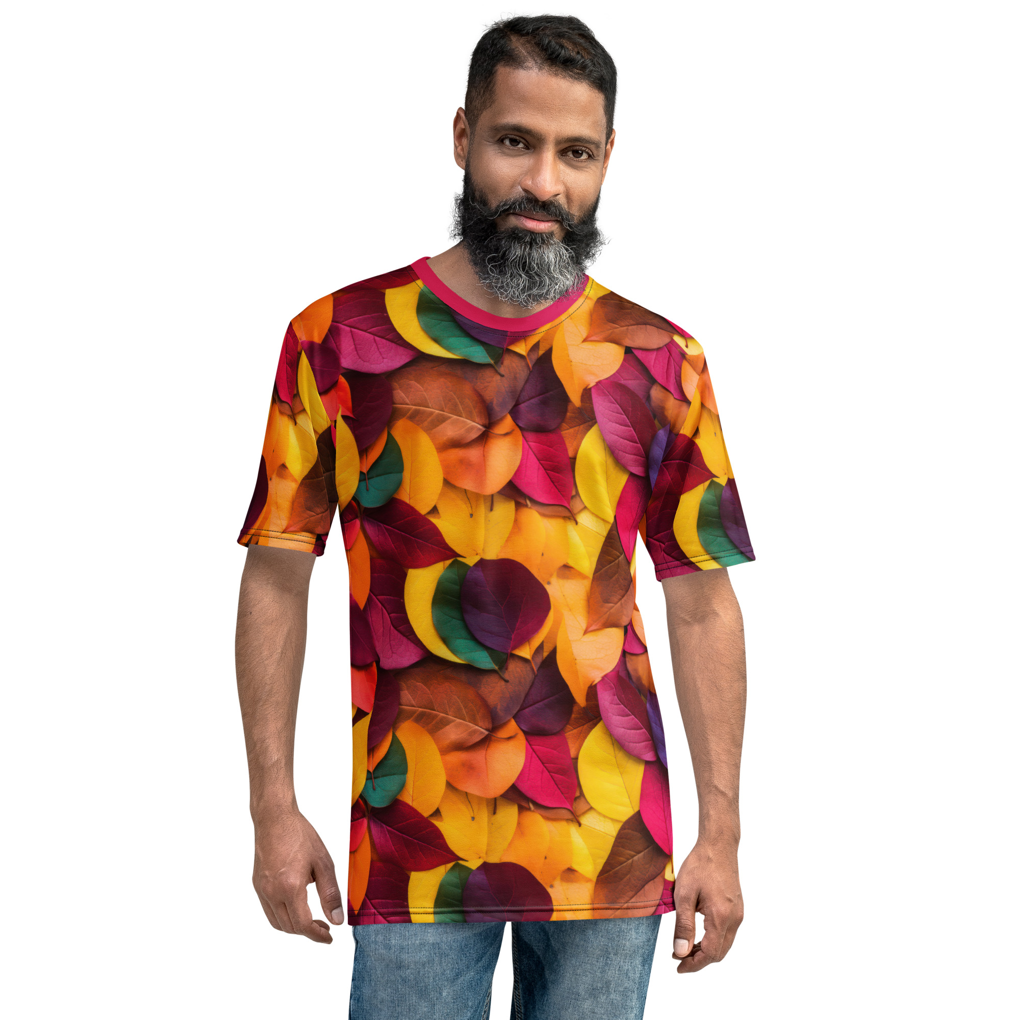 Vibrant reds, yellows, oranges, and purples in a dense pattern of fallen leaves cover this sublimation graphic tee.