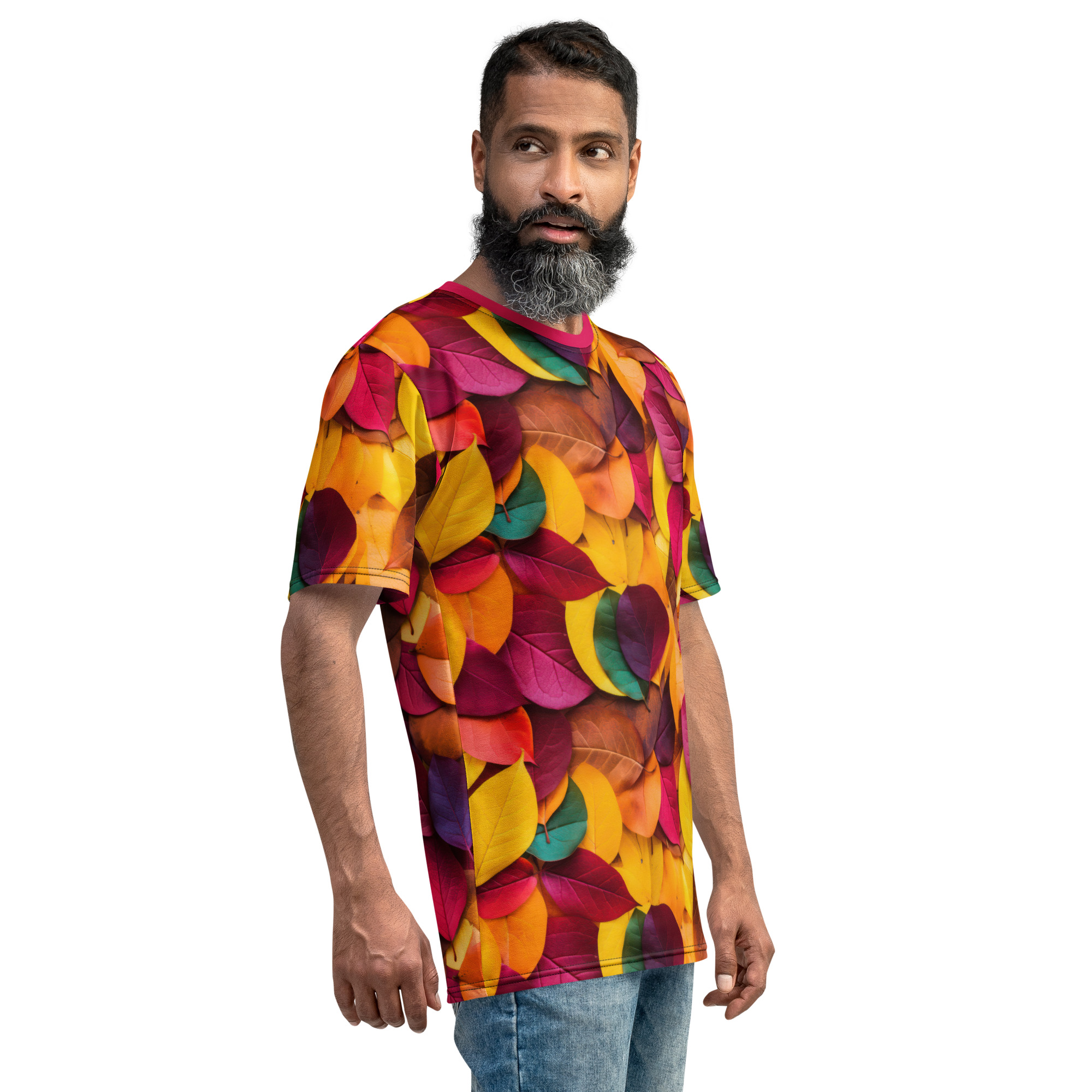 Vibrant reds, oranges, yellows, and greens in a dense pattern of autumn leaves cover this 3D graphic t-shirt, depicting fallen foliage.