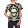Baroque skull all over print sublimation tee featuring ornate scrollwork and chains graphic on black fabric.