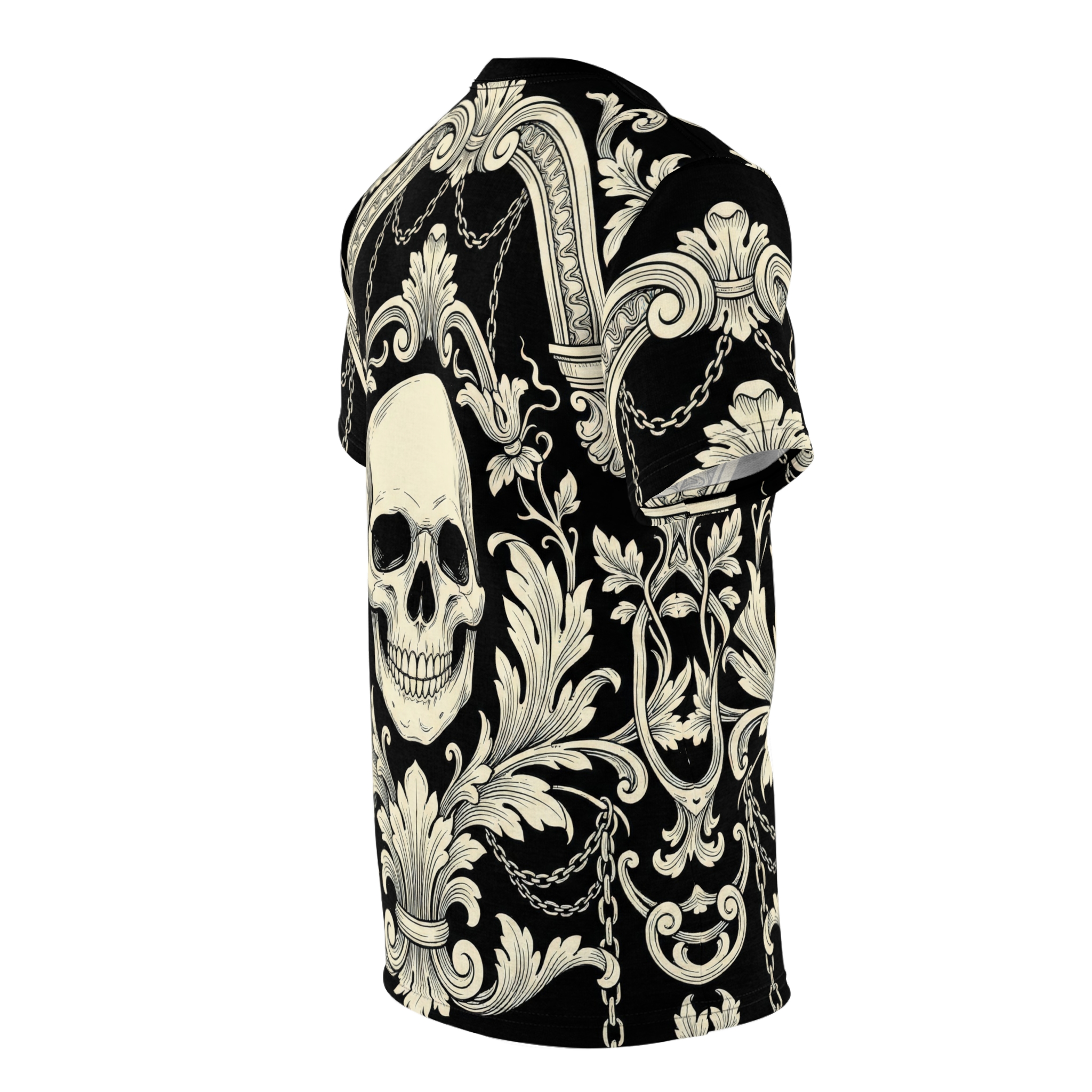 Creamy baroque scrollwork and chain motifs surround a skull on this all over print t-shirt.