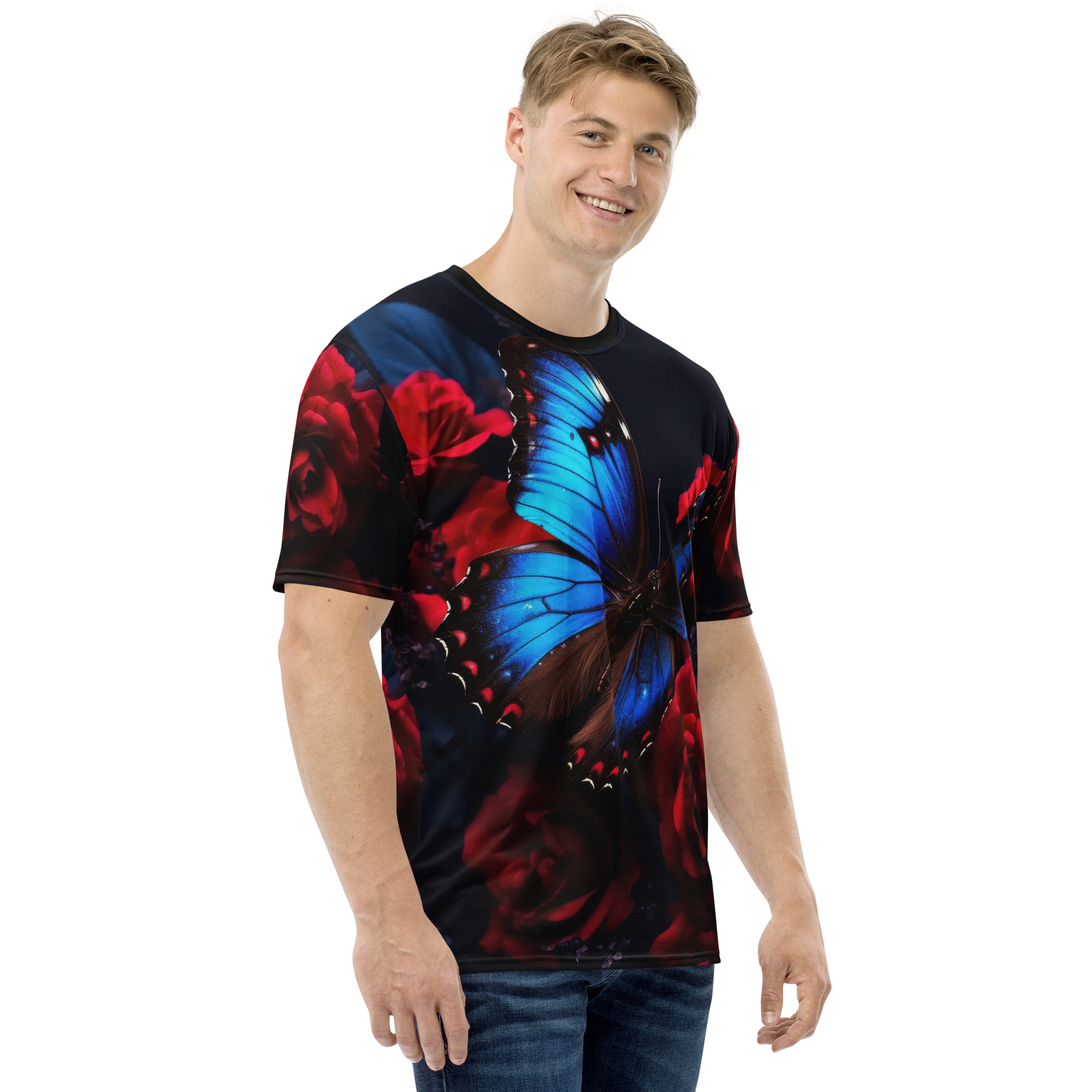 Vibrant blue butterfly wings and deep red roses cover this seamless pattern tee, set against a dark background.