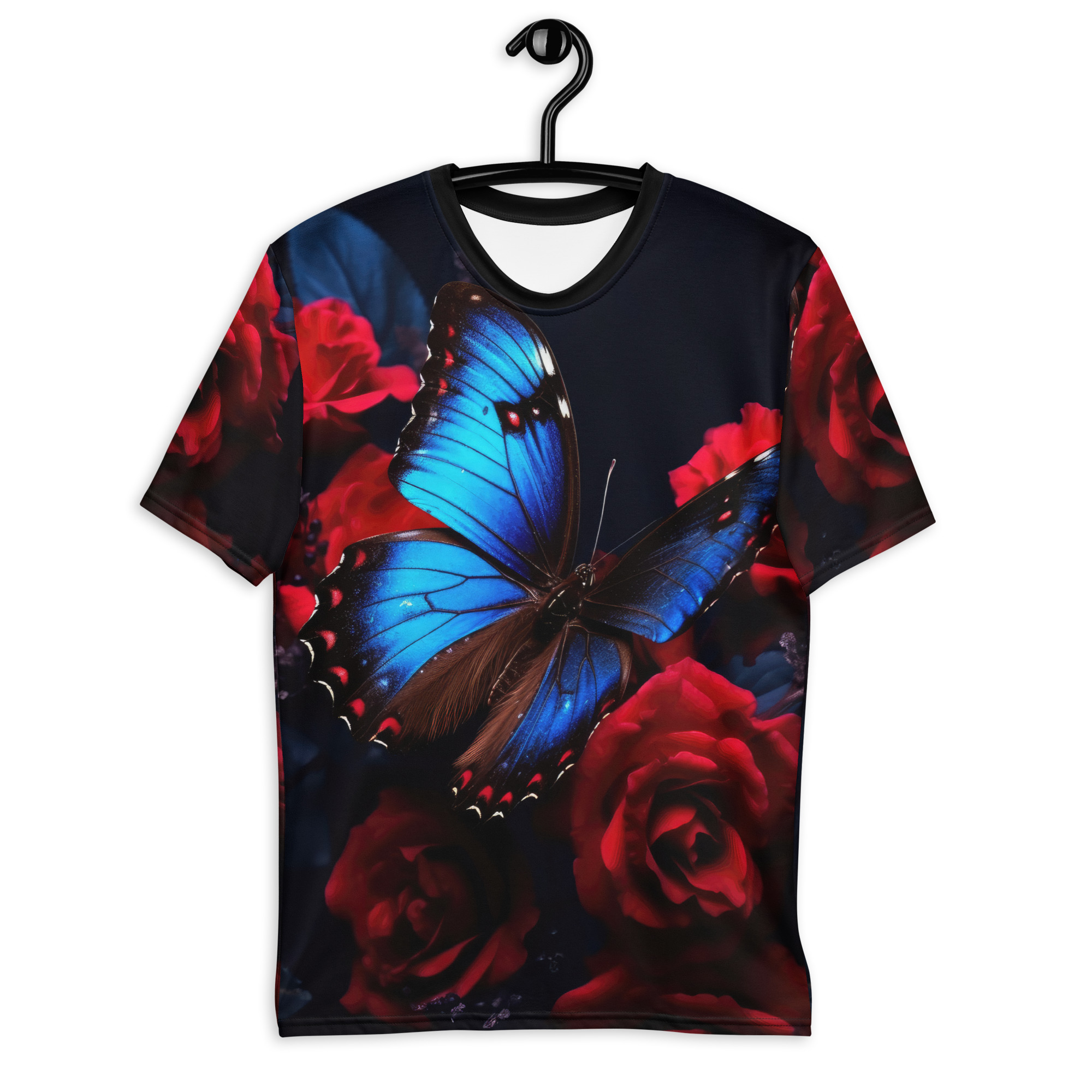 Vibrant blue butterfly with black wing accents and red roses cover this full print shirt, set against a dark, moody background.