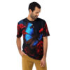 Vibrant blue butterfly and deep red roses cover this seamless pattern tee, set against a dark background.