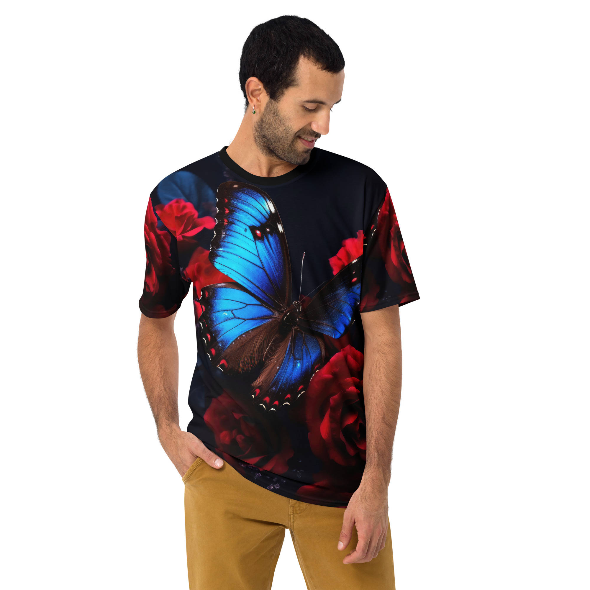 Vibrant blue butterfly and deep red roses cover this seamless pattern tee, set against a dark background.