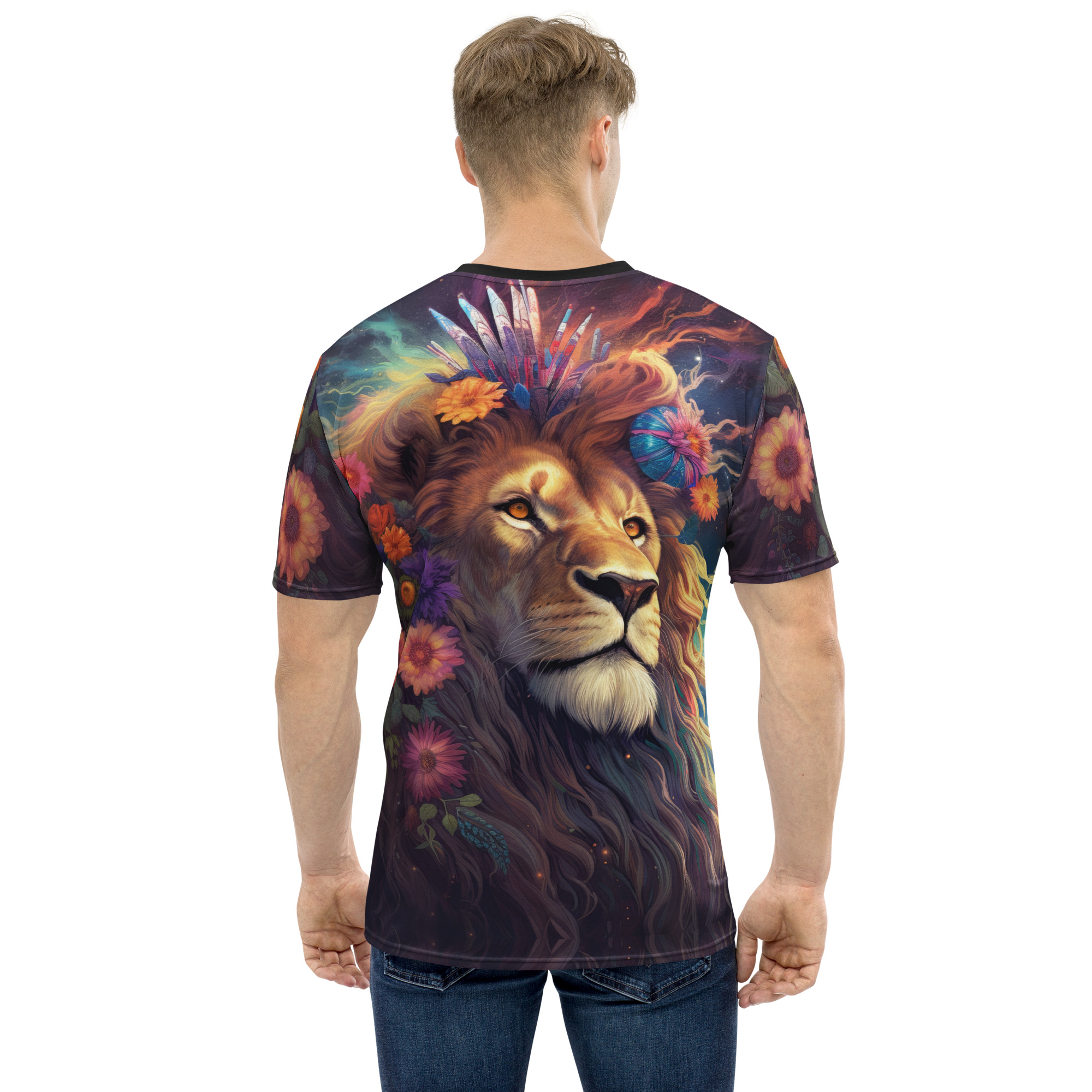 Vibrant floral and cosmic patterns cover this graphic streetwear tee, depicting a majestic lion with a crown of feathers and flowers.