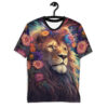 Vibrant floral patterns and cosmic swirls cover this seamless pattern tee, featuring a majestic lion's head with a flowing mane.