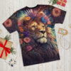 Vibrant floral and cosmic patterns cover this graphic streetwear tee, depicting a majestic lion adorned with feathers and flowers.