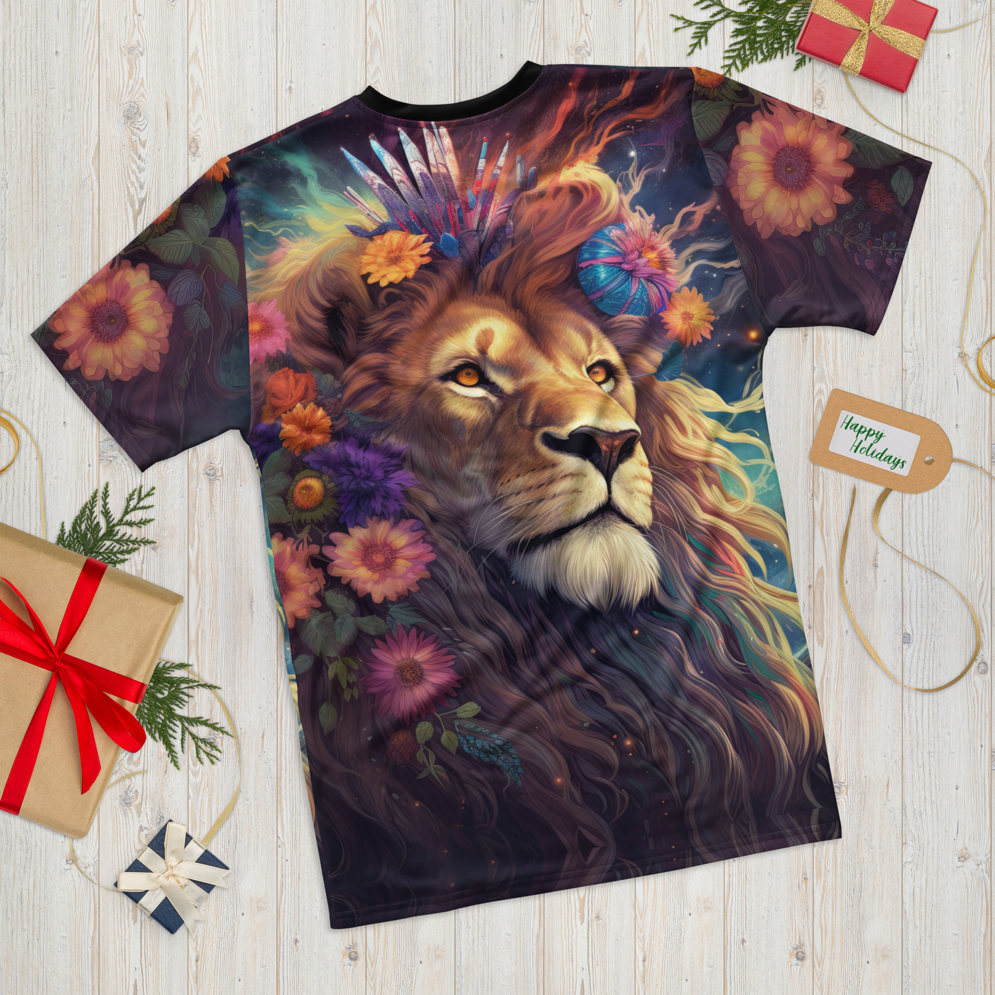 Vibrant floral and cosmic patterns cover this graphic streetwear tee, depicting a majestic lion adorned with feathers and flowers.
