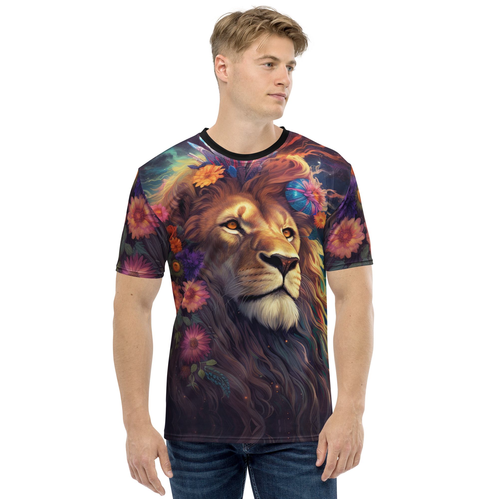Vibrant floral patterns and cosmic swirls cover this seamless pattern tee, featuring a majestic lion with glowing eyes.