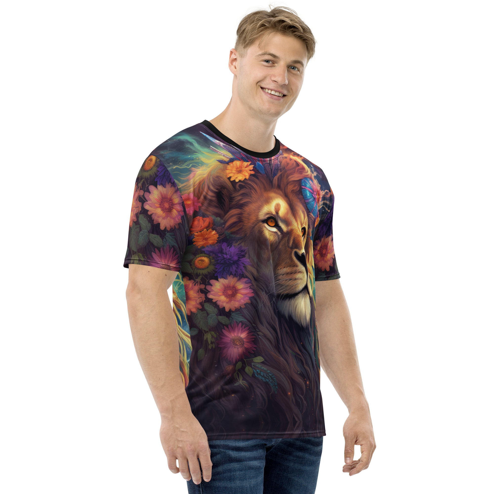 Vibrant orange, purple, and pink flowers surround a majestic lion's face on this graphic tee.