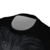 Dark gray and black abstract feathered lines create a dynamic pattern on this all over print t-shirt.