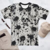 Black ink splatters and drips over a white background, with scattered skull graphics covering this all over print apparel.