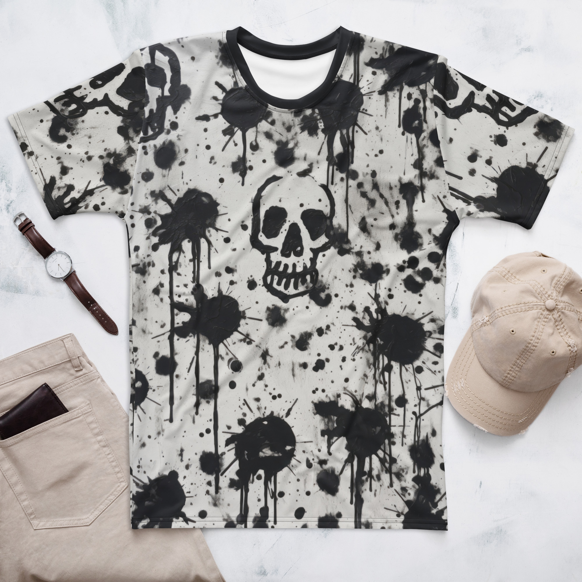 Black ink splatters and drips over a white background, with scattered skull graphics covering this all over print apparel.