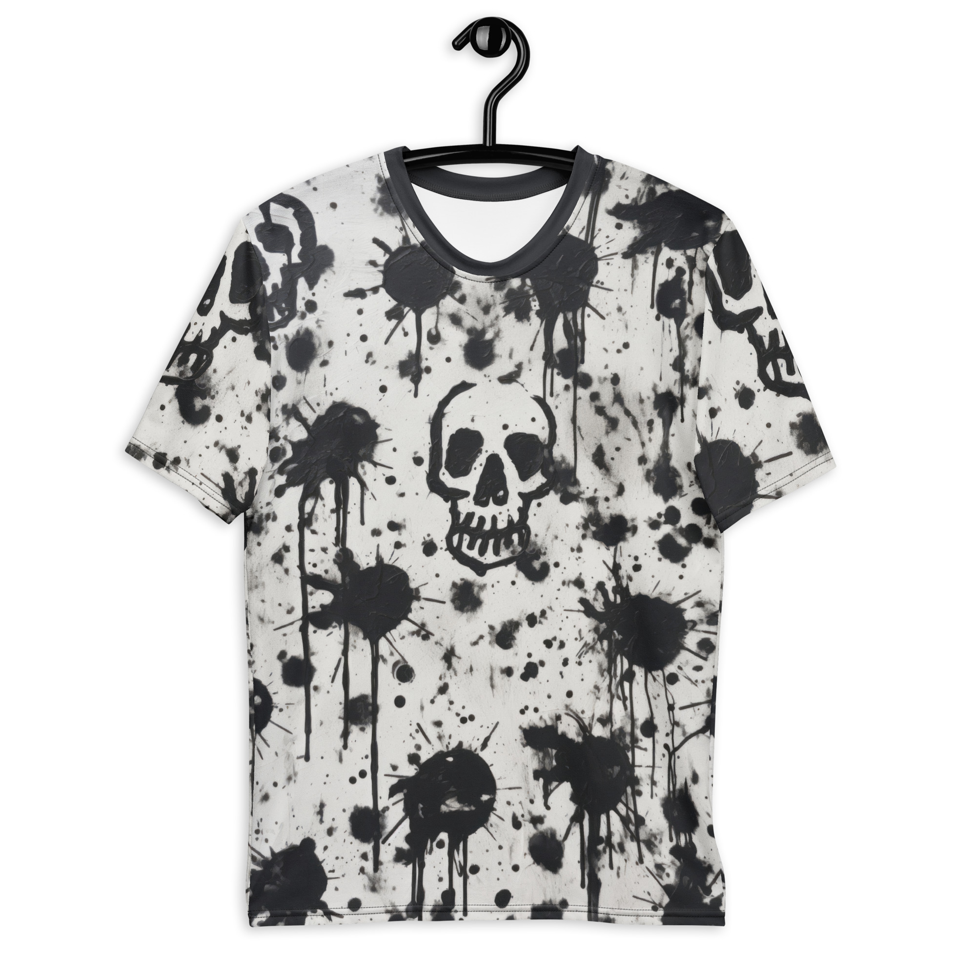Black and white splatter paint and skull graphics cover this patterned tee shirt, featuring dripping ink effects and abstract details.