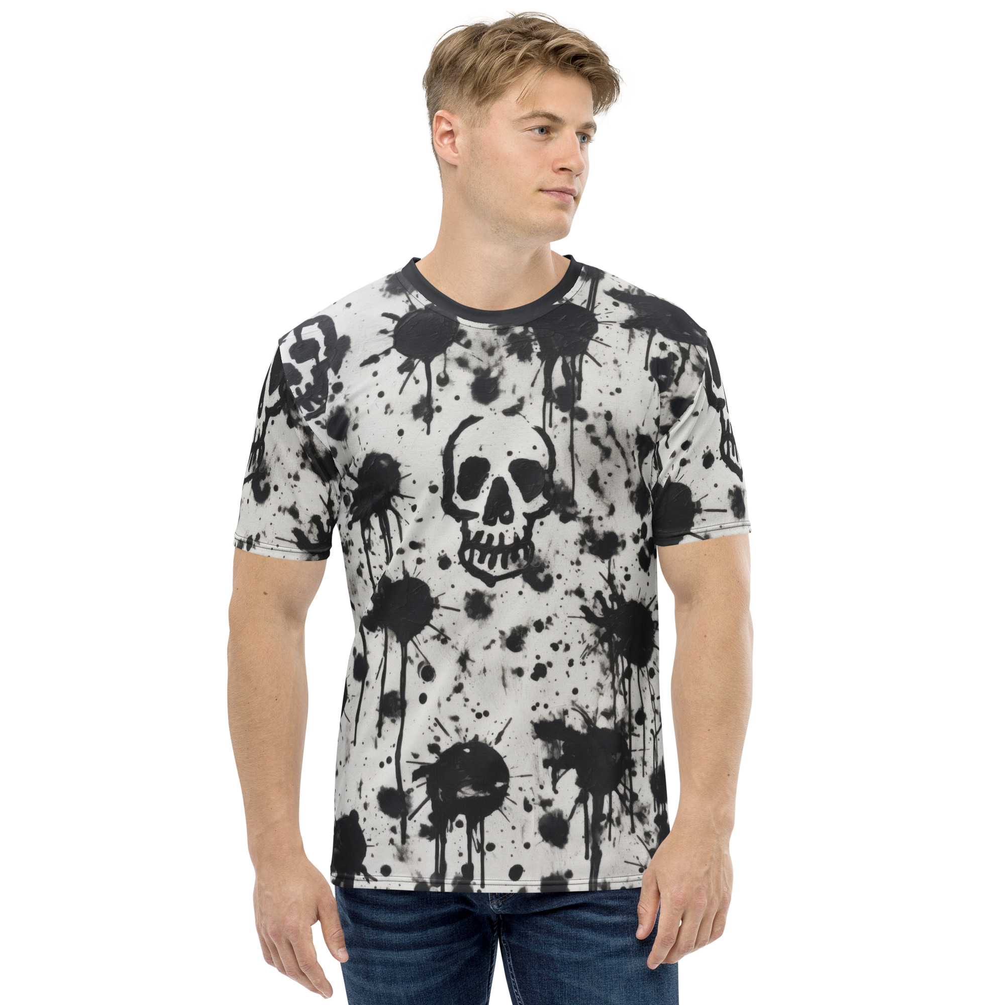 Black paint splatters and drips cover this all over print t-shirt, featuring abstract skull designs.