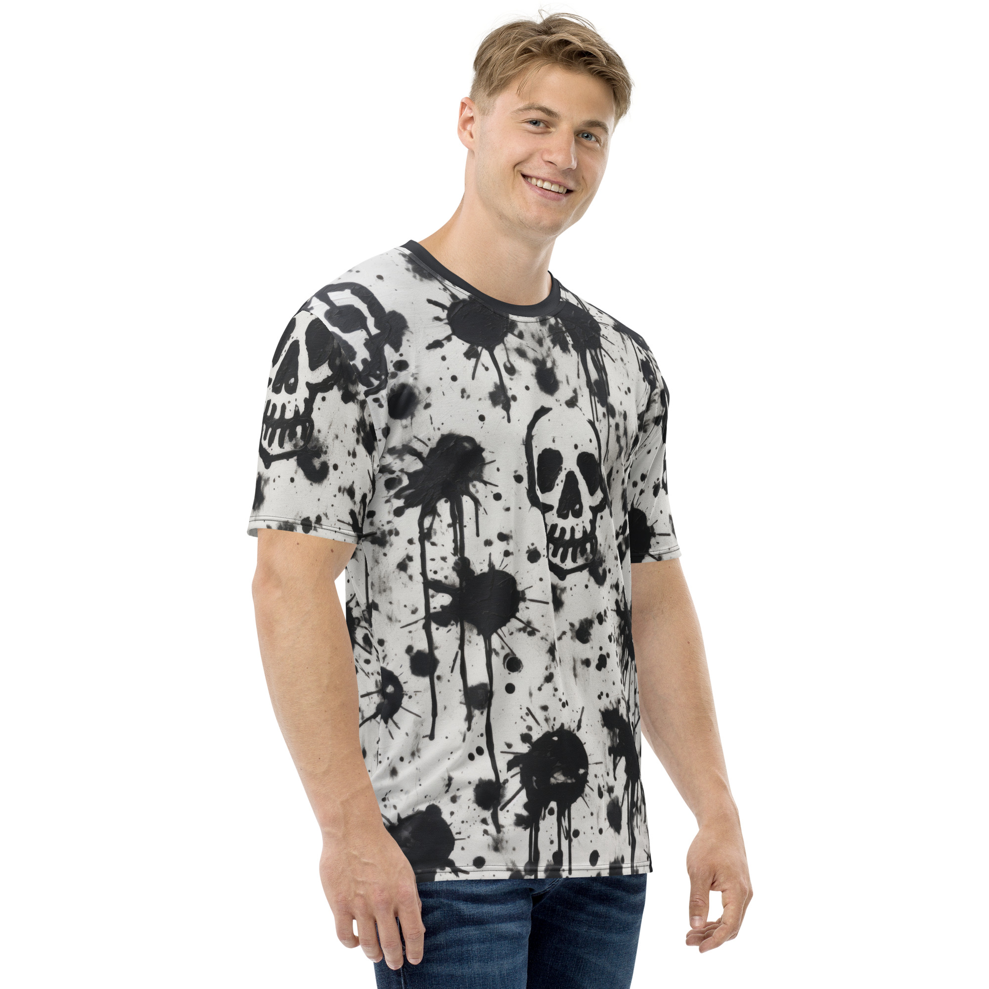 Black and white paint splatters and abstract skull graphics cover this all over print t-shirt.