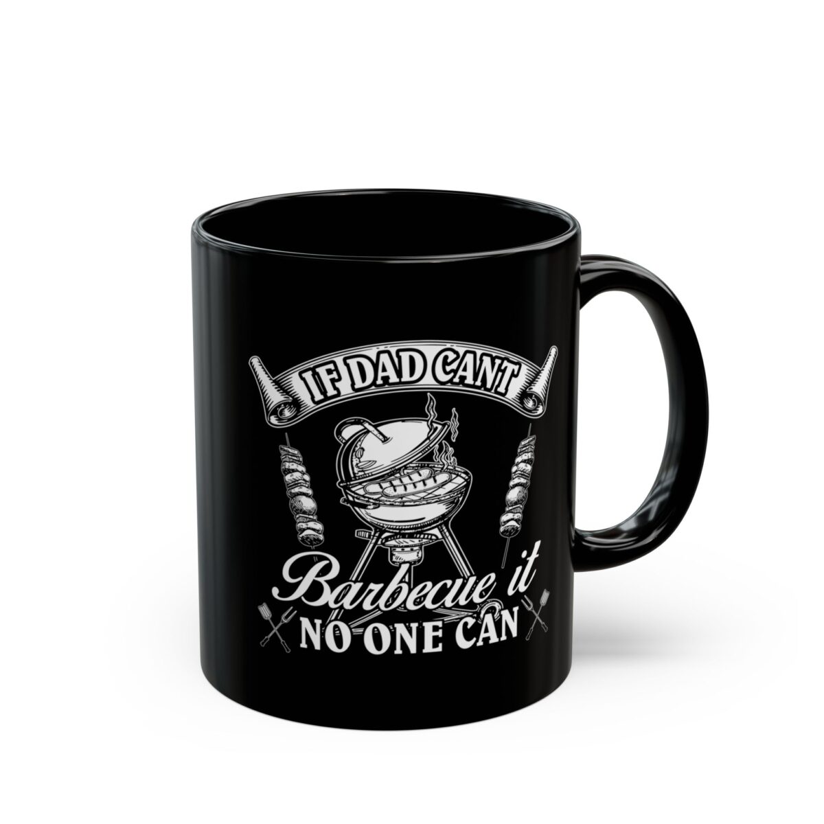Black coffee mug with white text and graphics depicting a barbecue grill and skewers.