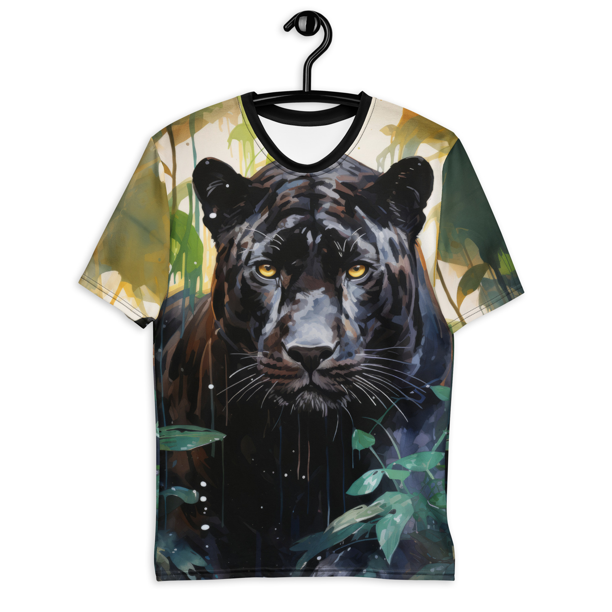Black, green, and yellow watercolor strokes and jungle foliage cover this seamless pattern tee, depicting a fierce black panther's face.
