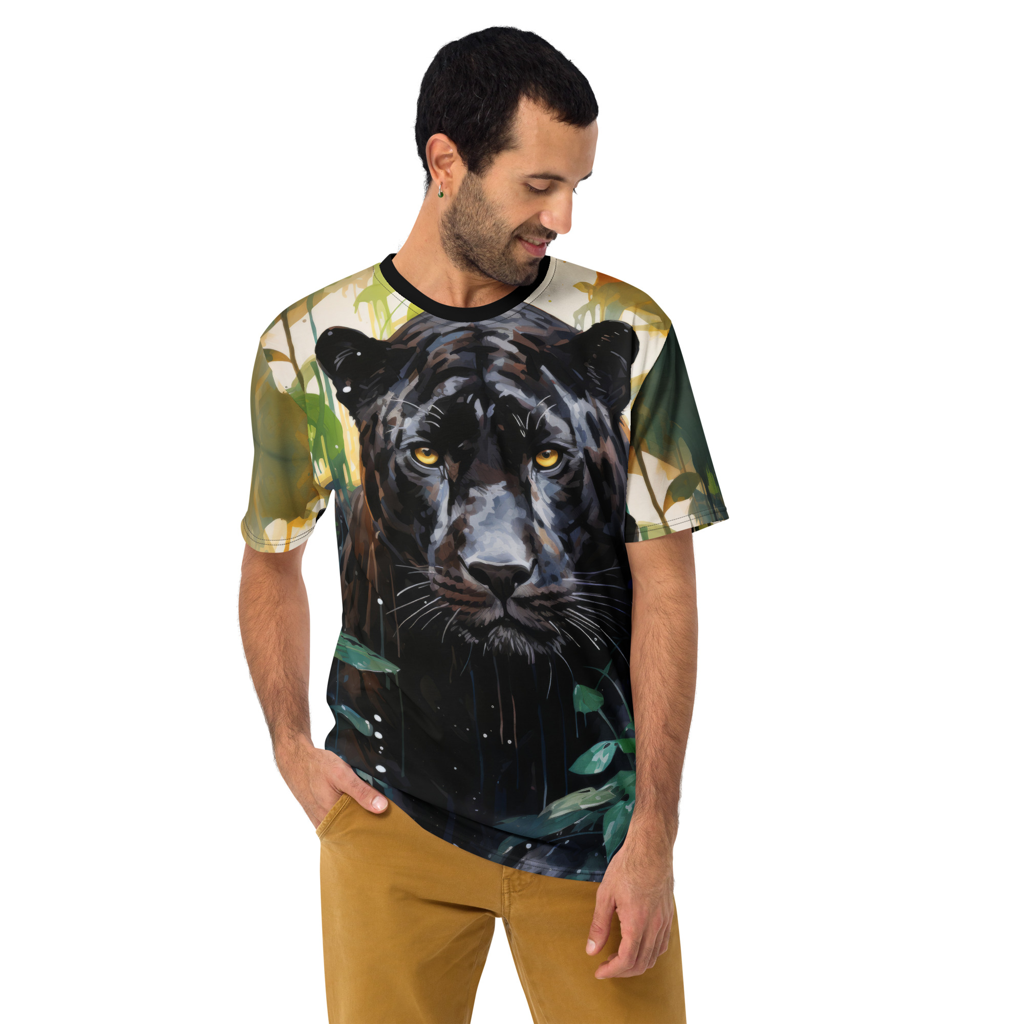 Black, yellow, and green brush strokes cover this sublimation graphic tee, depicting a black panther's face emerging from lush foliage.