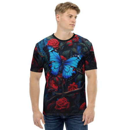 All over print sublimation tee featuring a vibrant blue butterfly on red roses with a dark, moody background.