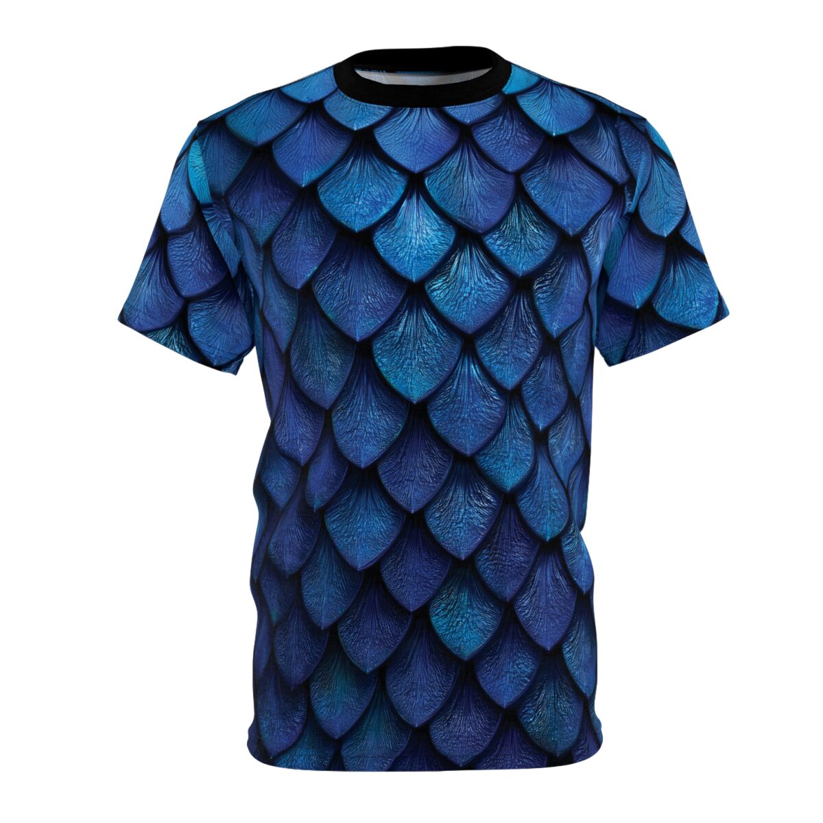Blue iridescent dragon scales cover this all over print apparel, creating a textured, reptilian appearance.